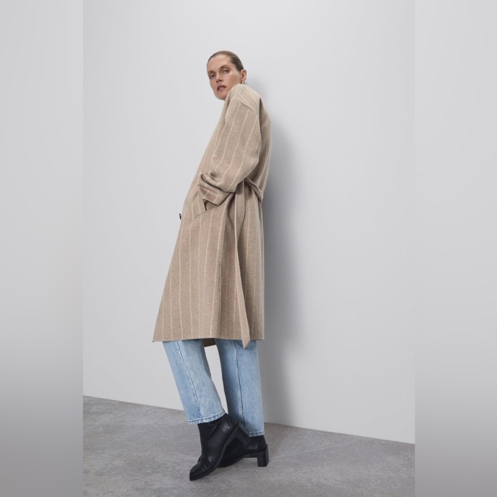 Zara Long Teddy Stripped Coat Wool Blended Trench Sz M - Picture 3 of 14